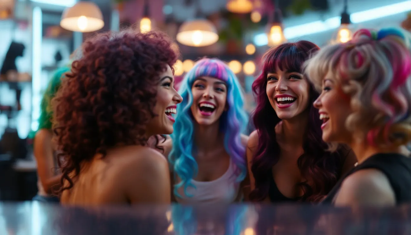 Vibrantly lit wig shop interior, playful customers in colorful wigs laughing joyfully, dynamic composition with focal point on smiling faces, highly detailed photorealistic 4K render, warm ambient lighting.